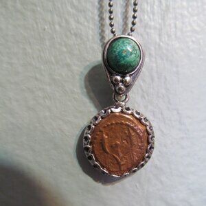 Artisan of Israel ~ Eilat cabochon & Widow's Mite pendant & chain Silver NIP